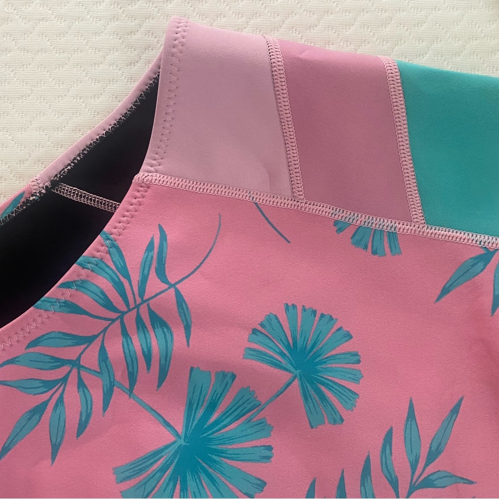 Vibrant Pink and Teal Leaf One Piece Swimsuit - Picture 4 of 5